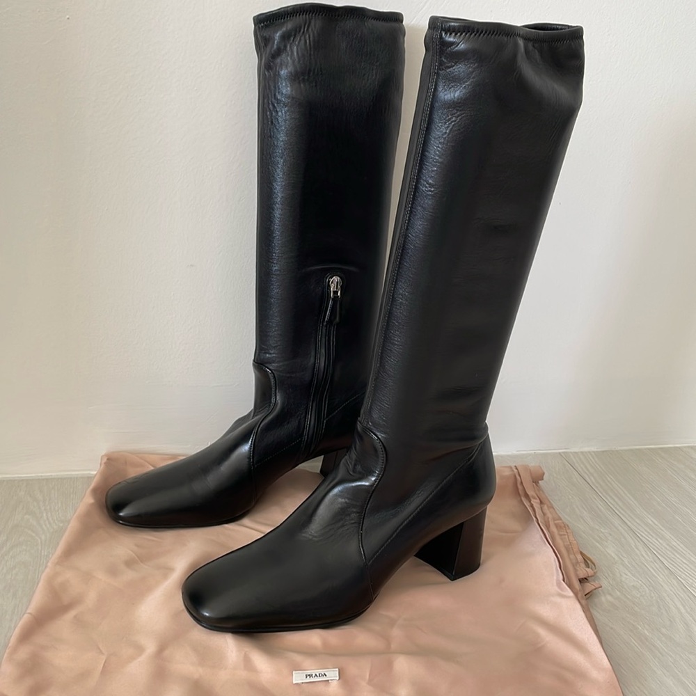New! Prada Black Soft Lamb Leather Knee Boots